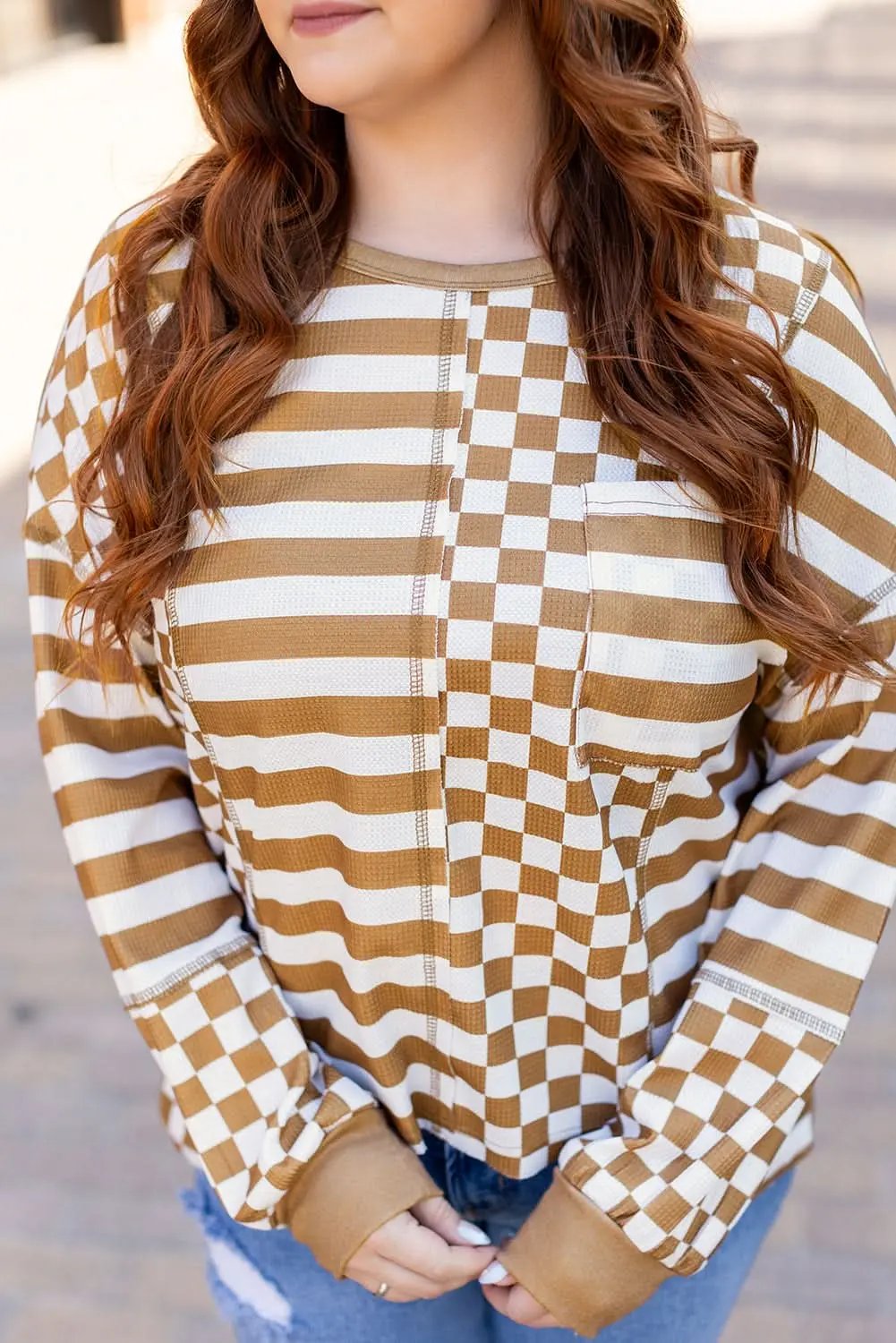 Chic plus size khaki mixed print top - Love Salve